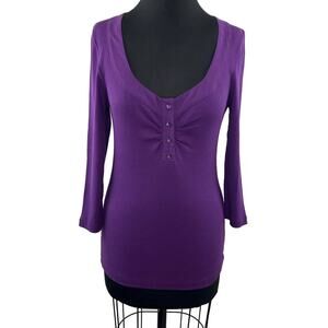 CHARLOTTE TARANTOLA Purple Henley Top Cotton Ribbed Scoop Neck 3/4 Sleeve M Med